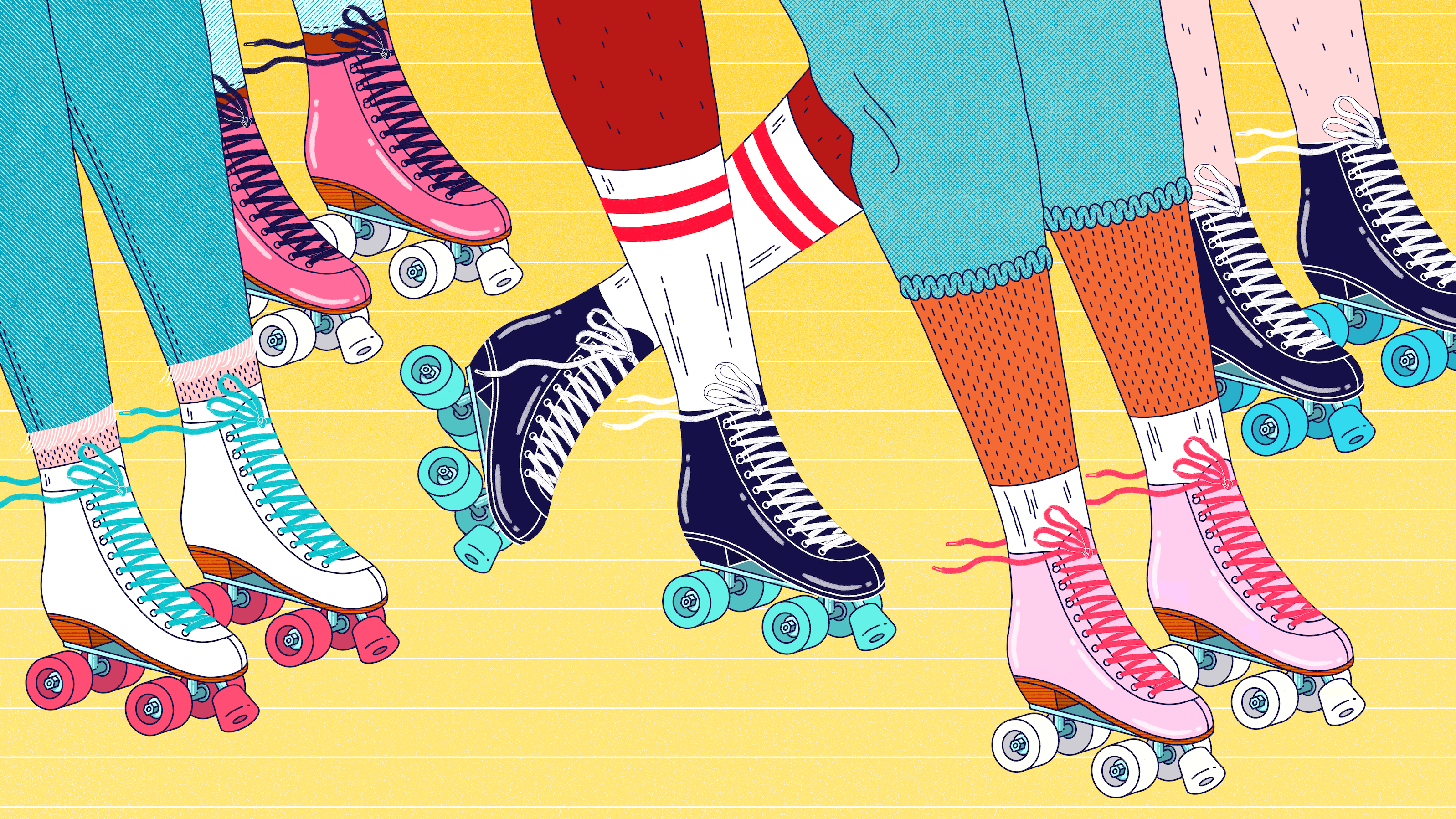 5 pairs of brightly colored legs wearing roller skates